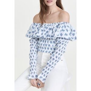 NWT Caroline Constas Lydia Off Shoulder Floral Top in Blue Toile Spot